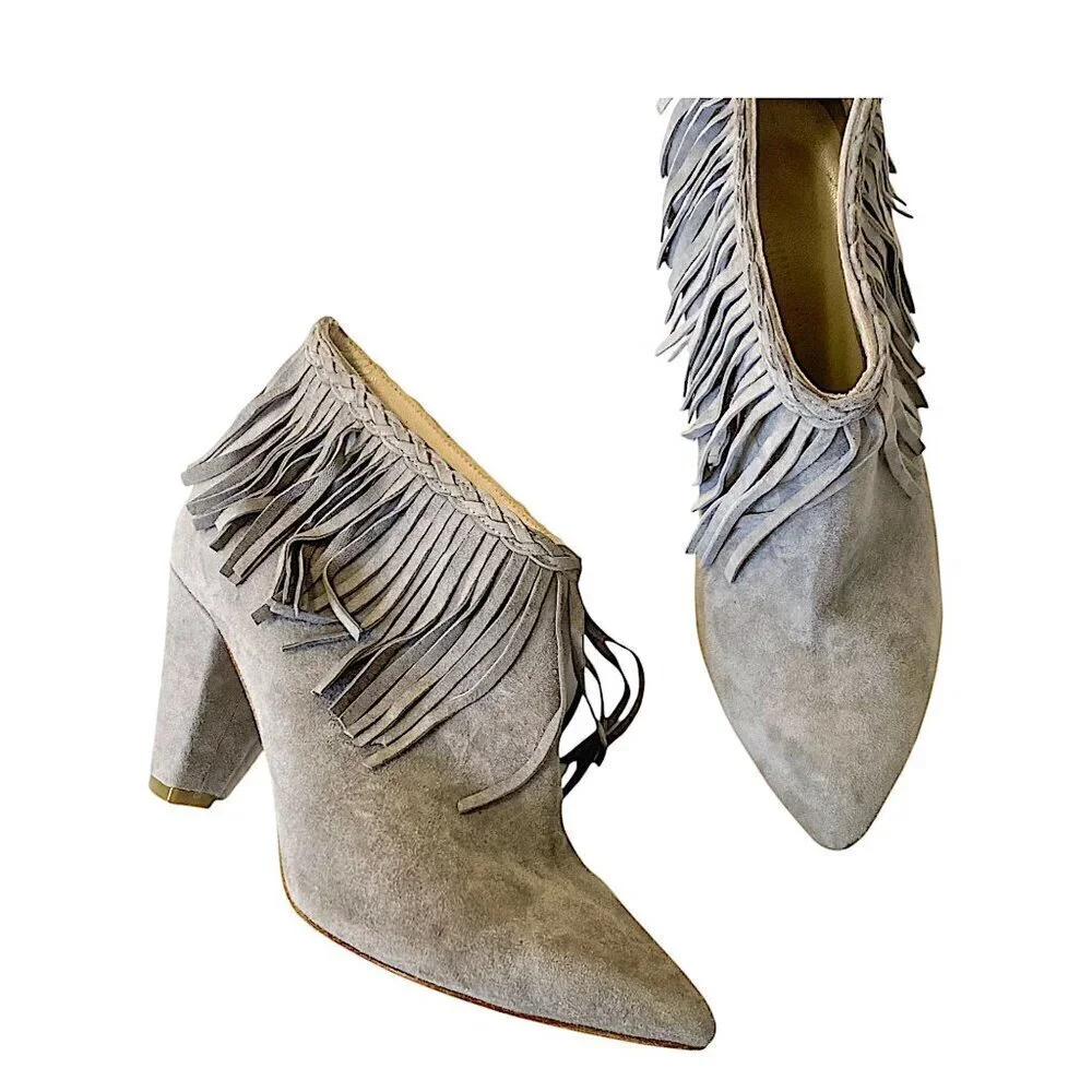 Anine Bing Irmelin Suede Fringe Ankle Boots,  Gray/Taupe,  Size 38EU